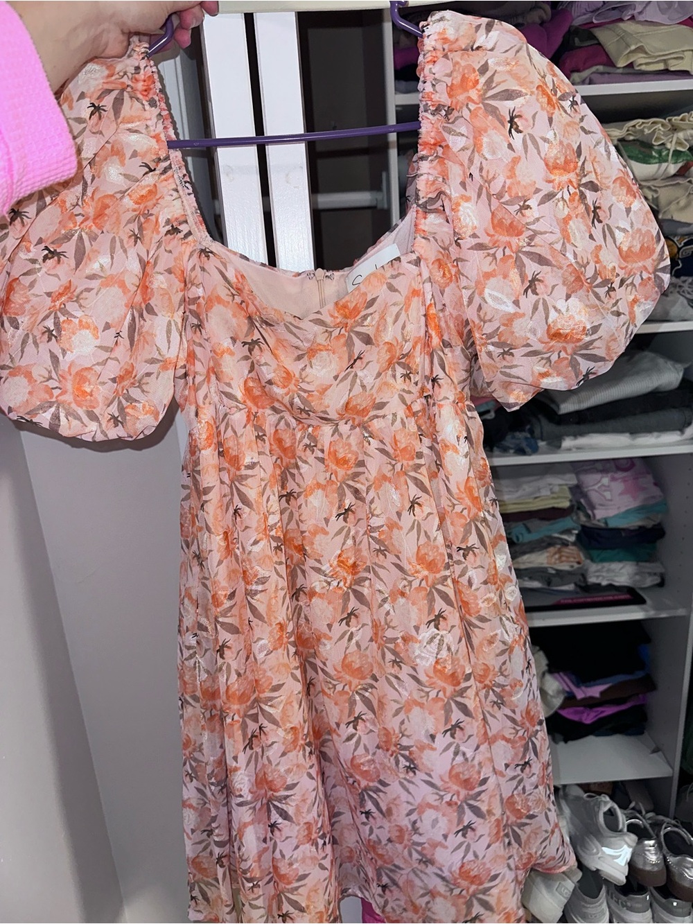 Floral Puff-Sleeve Mini Dress - Peach Pink